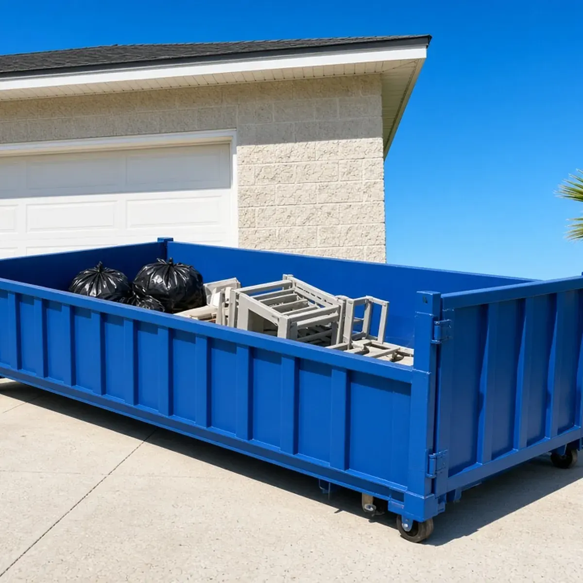 Short low-walled roll-off container on a driveway beside a garage door