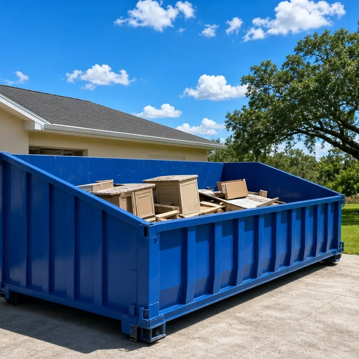 Open-top roll-off container on a driveway loaded with old kitchen cabinets in front of a single-story house