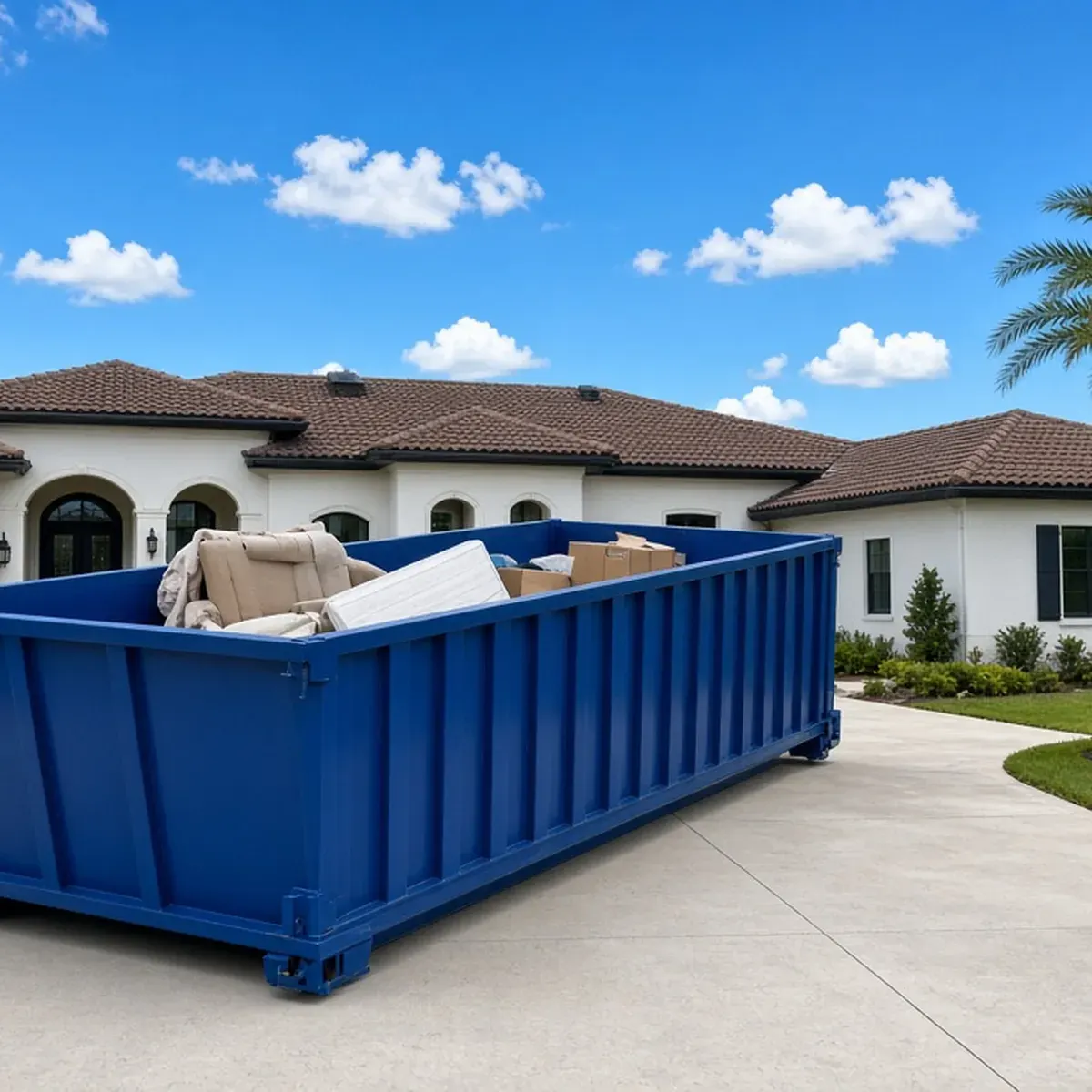Tall roll-off container on a wide driveway with a sofa, mattress and boxes inside