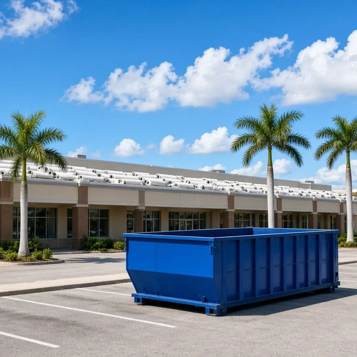 Commercial roof repair with a tall container waiting in the parking lot