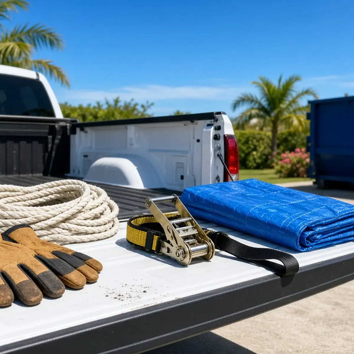 Work gloves, rope, strap and tarp on a pickup tailgate in a driveway