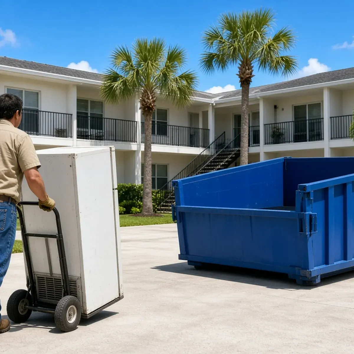 Property worker wheeling an old appliance toward a container behind an apartment building