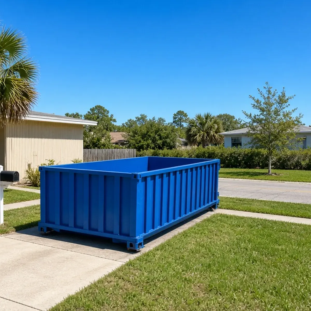 Dumpster at the edge of a driveway beside a residential street with a strip of grass and sidewalk