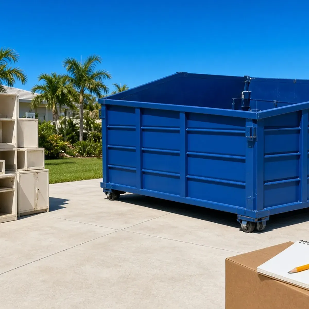 Dumpster on a driveway beside old kitchen cabinets with a blank notepad