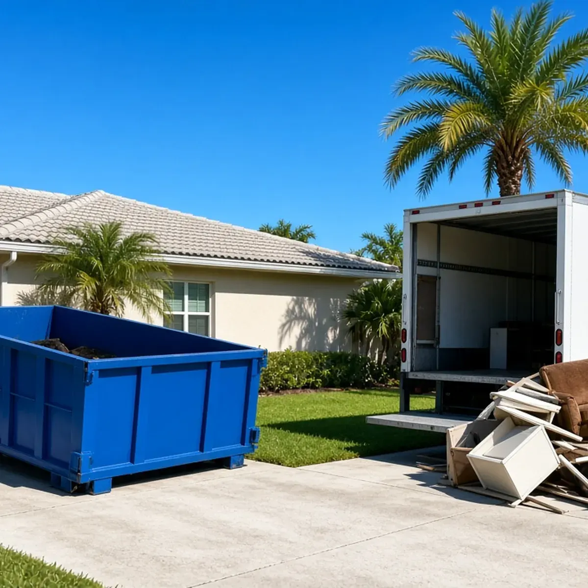 Dumpster on a driveway beside a box truck with a pile of junk