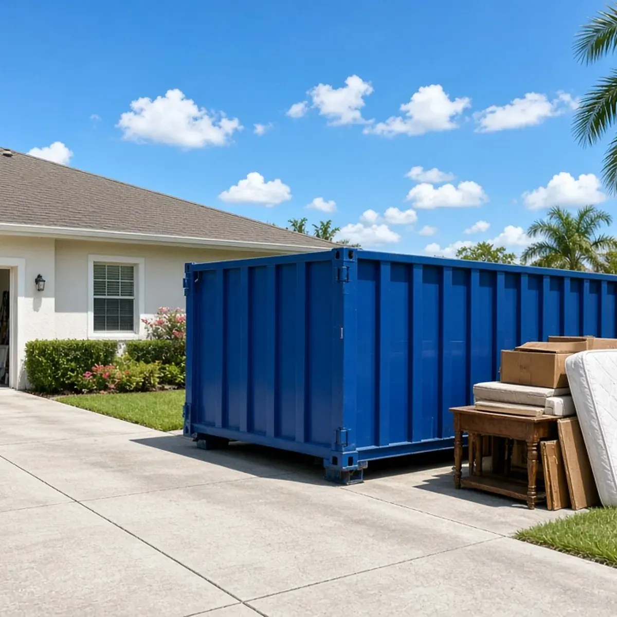 Driveway dumpster with old furniture and a mattress stacked beside it
