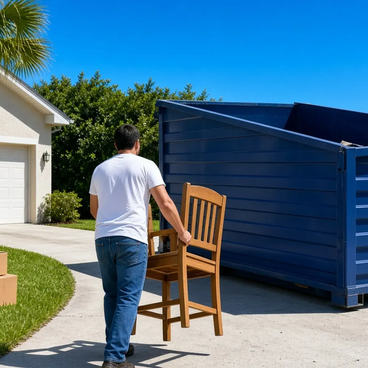 Person carrying a wooden chair toward a driveway dumpster