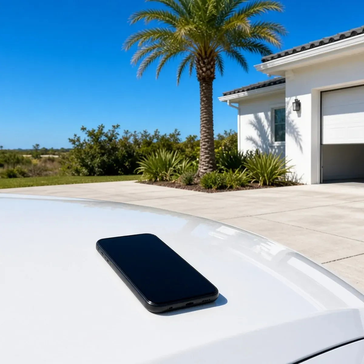 Phone resting on a pickup hood beside an empty cleared driveway spot