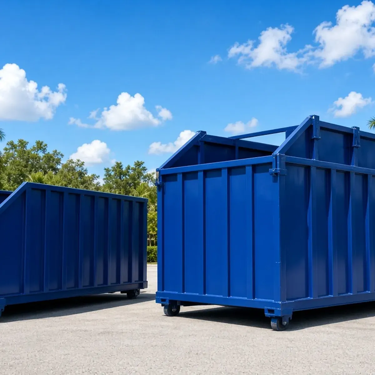 Two roll-off containers of different heights side by side on a paved lot