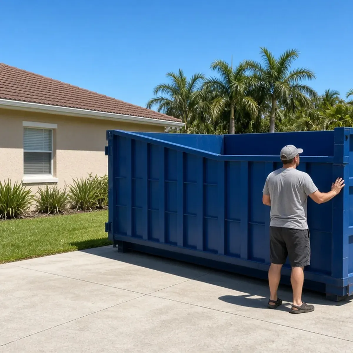 Homeowner standing beside a roll-off container looking up at its rim