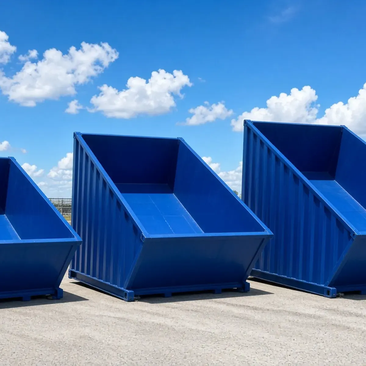 Three roll-off containers of different heights in a row on a paved yard