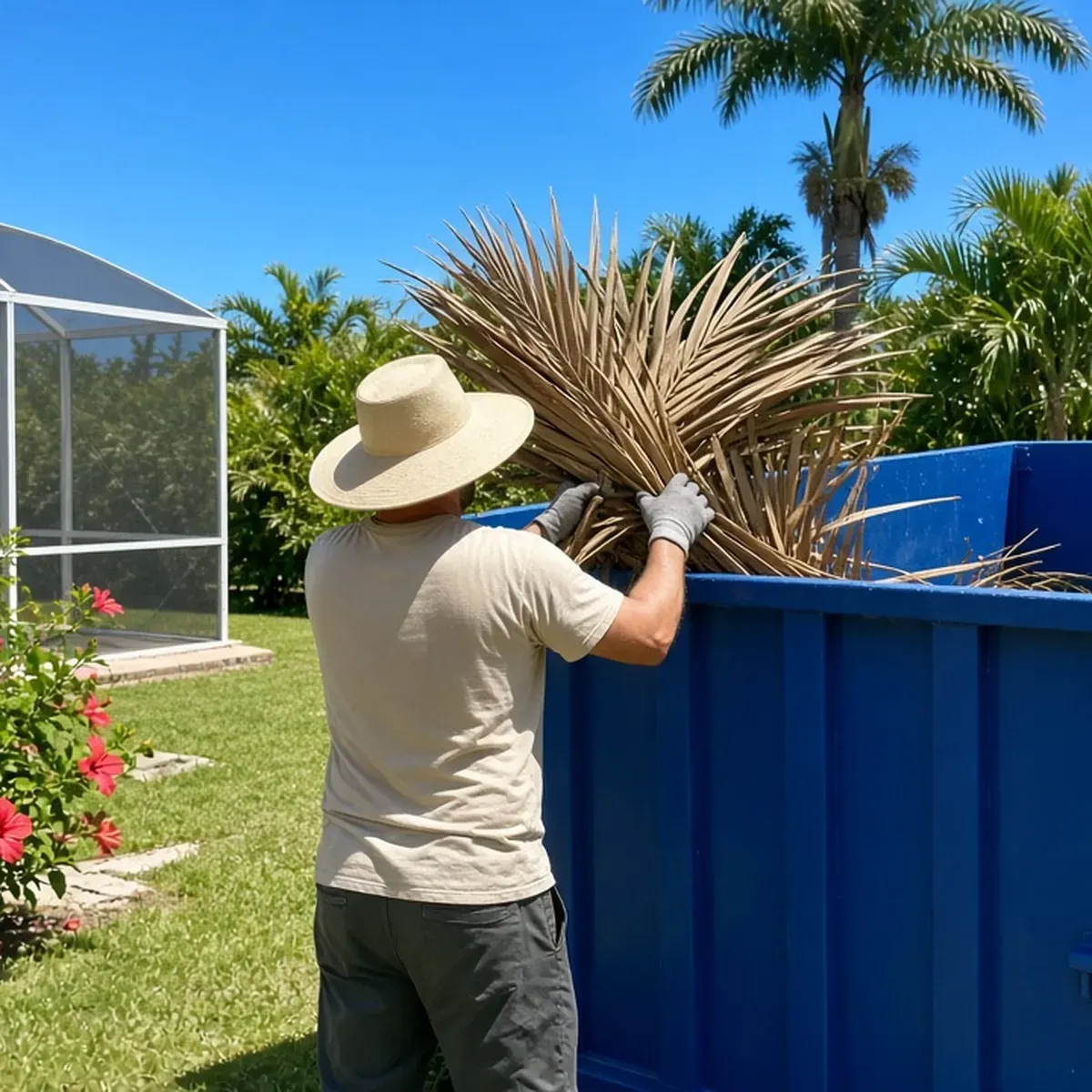 Homeowner lifting palm fronds toward a container in a backyard